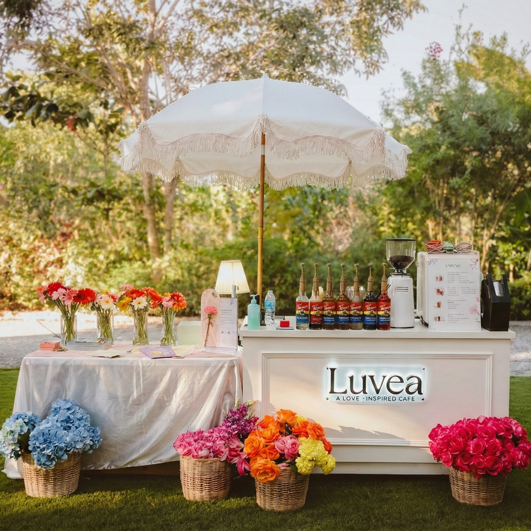 Outdoor Luvea bar setup at golden hour