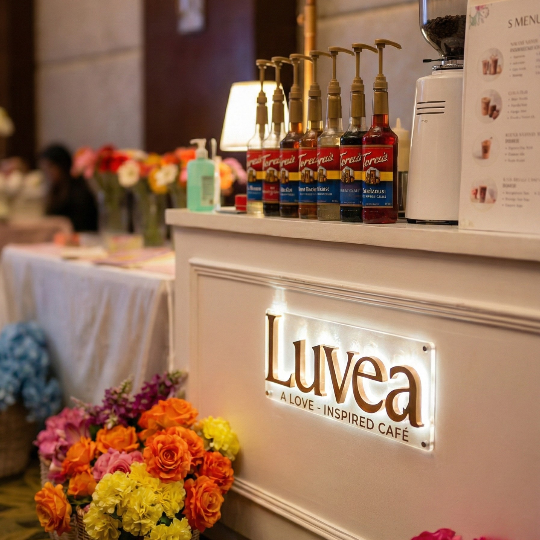 Close-up of the glowing Luvea signage